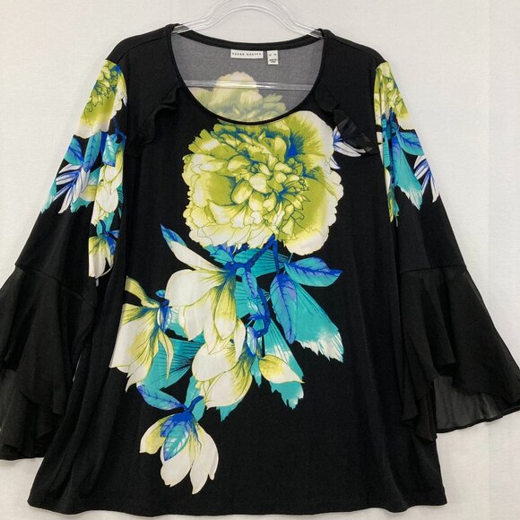 Susan Graver XL Black Multi Floral Ruffle Flare Sleeve Stretch Liquid Knit Top - Picture 1 of 9